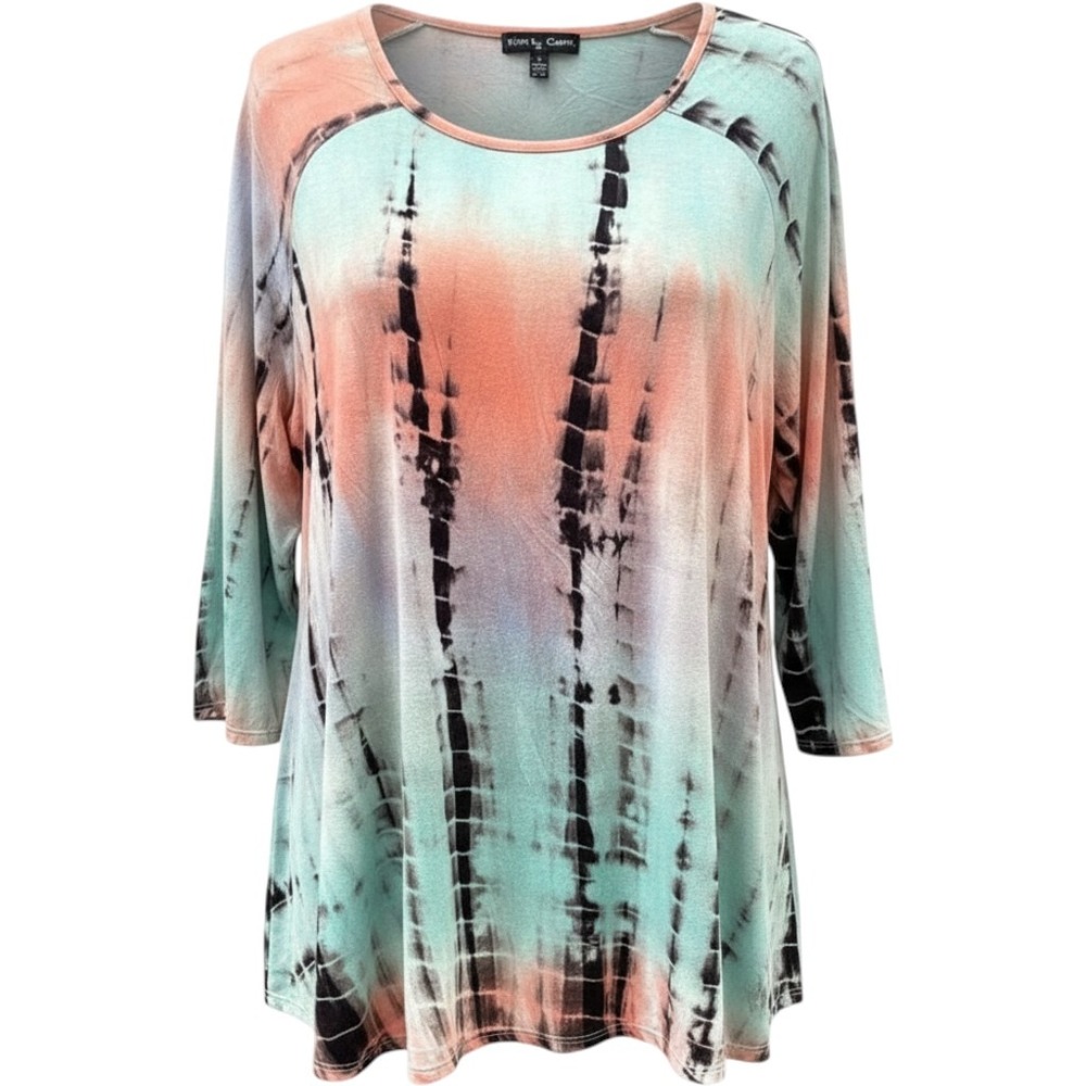 Kim & Cami Women 2X Tie Dye Tunic Top 3/4 Sleeve Coral Mint Green Rayon Spandex